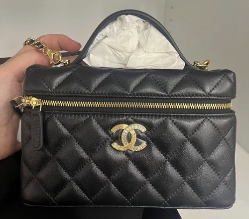 New Chanel 25B Black Lambskin Top Handle Vanity Bag G Crystal CC ?