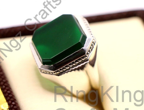 Green Agate Ring 925 Silver Aqeeq Square Cut Natural Gemstone Yemeni Aqeeq Stone