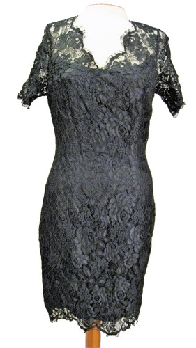 Christian Dior Size 6 Vintage Floral Lace Pencil Little Black Silk Shift Dress
