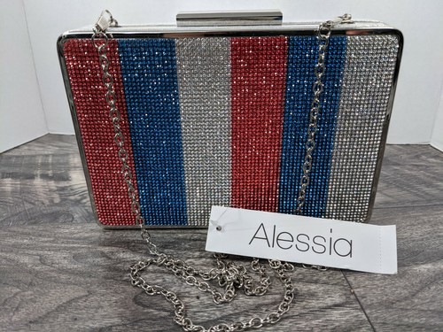 STATE BAGS Alessia Red White Blue Stripe Rhinestone Crossbody Chain Clutch Bag USA NWT