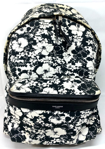 YSL Saint Laurent City Backpack Hibiscus Flowers Canvas   Authentic
