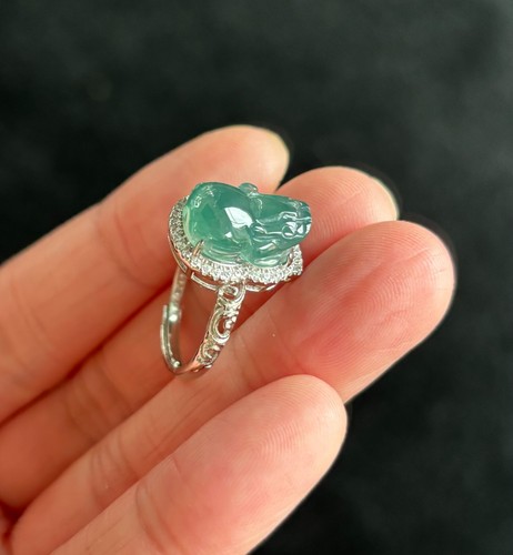 Adjustable Ring  Highly Icy Green Pixiu 貔貅 Jadeite Jade S925 Silver Ring