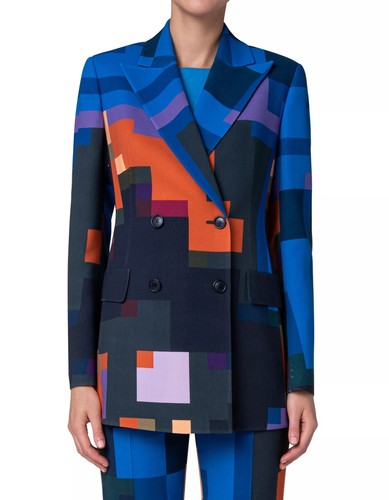 Giacca blazer lana Akris blu fiori a casa stampa pixel colorblock quadrati 8