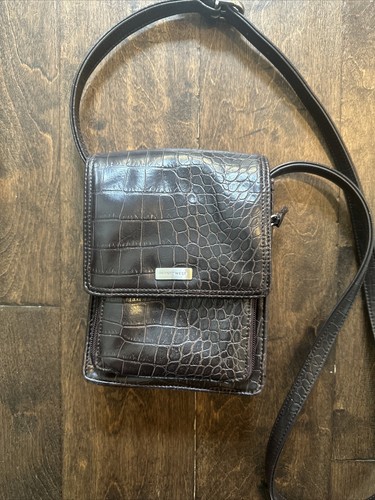 Nine West Brown Faux Leather Crossbody Handbag Purse Built In Wallet Alligator
