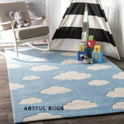 Kids Baby Blue Cloud Themed Hand Tufted 100% Wool Soft Area Rug Carpet for room