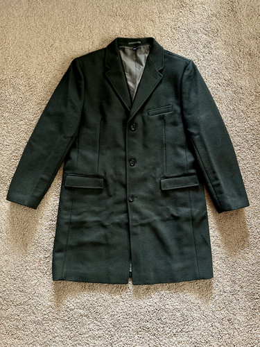 THEORY J. Cappotto topcoat Crew Thompson in misto lana verde scuro nuovo prezzo al pubblico consigliato $398