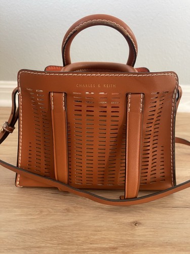 Charles & Keith Cognac Laser Cut Vegan Double Handle Satchel Crossbody Mini Bag