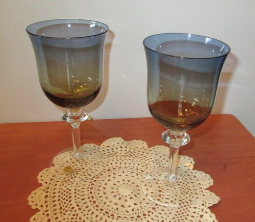 2 Vintage Denby Aurora Bluerina Krosno Poland Wine Water Glasses Blue Amber