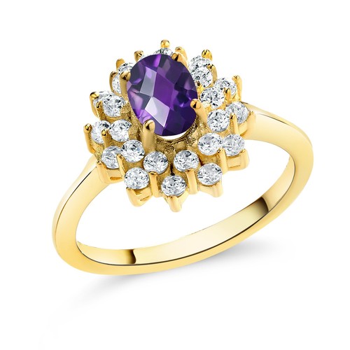 1.35 Ct Oval Checkerboard Purple Amethyst 18K Yellow Gold Plated Silver Ring