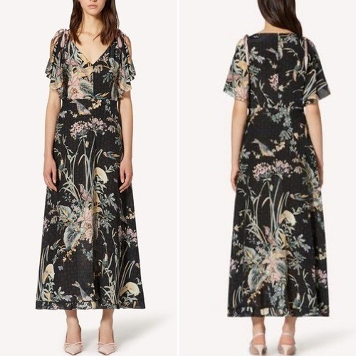 Nwt Red Valentino Maxi Silk Dress Flower and Birds Printed Size EU 48 US 12 14