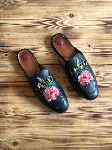 Gucci Princetown Floral Embroidered Leather Mules In Black Size EU 36 US 5.5 UK