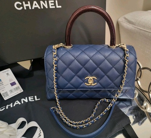 Authentic Chanel Coco Handle Embossed Lizard Dark Blue Caviar w Gold Small 