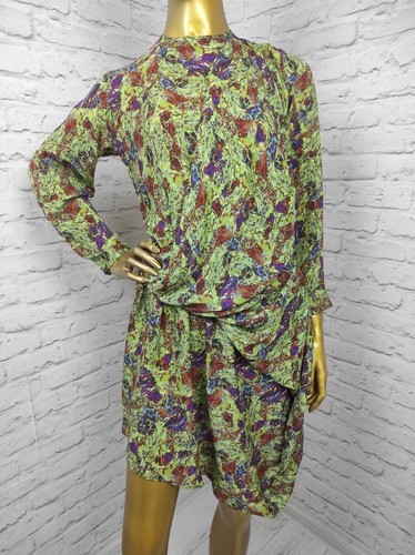 Anntian Rare Silk Asymmetrical Dress Wrap Splash Print Zip Back LS Size S