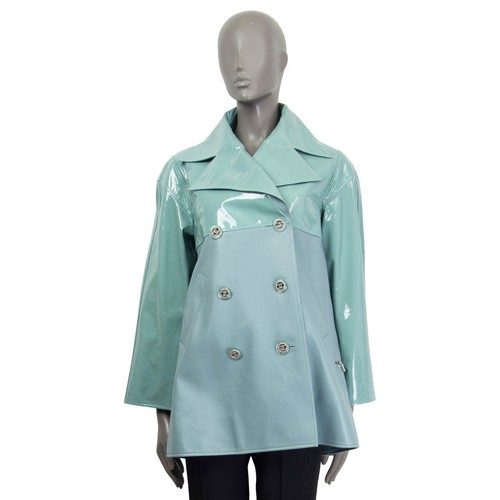 65408 auth CHANEL mint & blue 2018 PATENT & LEATHER PEACOAT Coat Jacket 36 XS