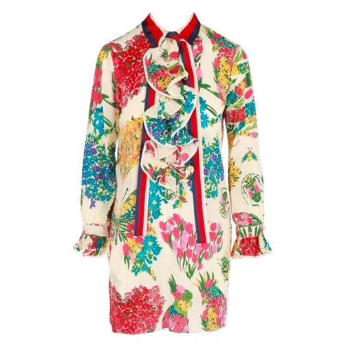 Gucci Silk Shift Web Stripe Floral Crepe Silk Dress Made in Italy Small