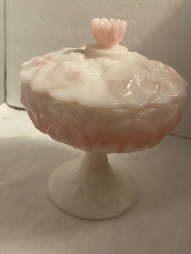 Fenton Rosalene Water Lily Pink Milk Glass Compote Lidded Candy Jar 7”