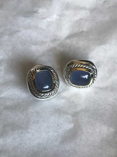 David Yurman Sterling Silver 14k G Chalcedony Cable Earrings Omega Back Studs