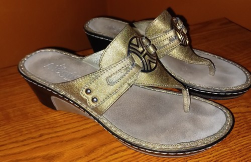 ALEGRIA Sandals LOLA Silver Women's Size 40 US 9.5 10 Leather Thong Wedge Sandal