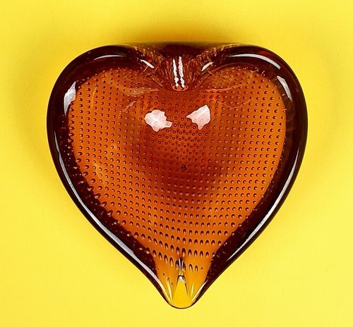 Vintage Amber Art Glass Heart Shaped Leaf Dish Ash Tray
