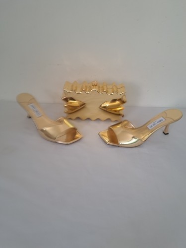 Jimmy Choo SKYE 70MM MULES METALLIZZATI TAGLIA UK 8 ABBINATI A BORSA CULT GAIA NUOVO