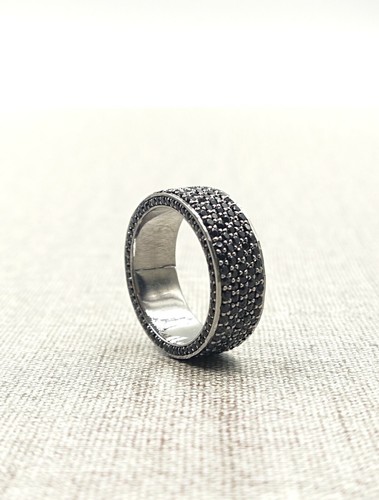 Micro Pave Rich Black 2.03CT Onyx With 935 Argentium Silver Unisex Ring Band