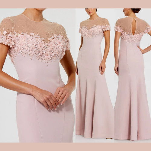 NWT Mac Duggal [ 8 ] Mermaid Crepe Gown With Beaded Illusion Neck in Mauve J1918