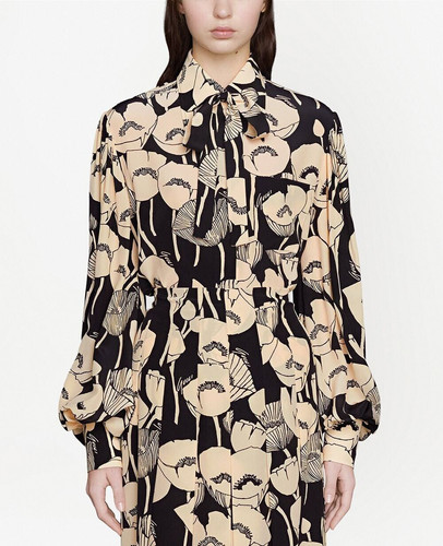 Gucci AW21 Black and Cream Poppy Floral Silk Blou Size IT 44