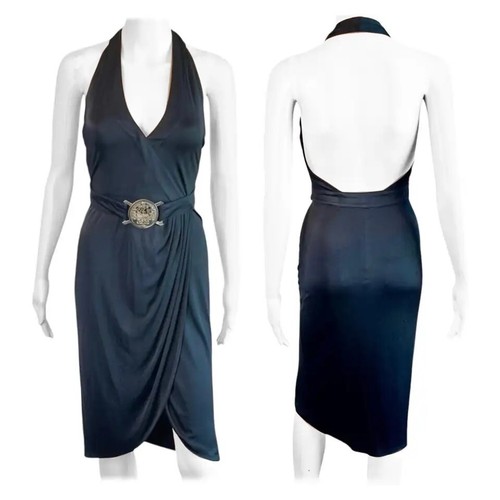 Versace S S 2005 Runway Logo Belt Plunging Backless Wrap Black Dress