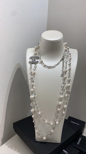 CHANEL JEWELRY ?CHANEL Pearl Long CCS Necklace Sweater Chain with Crystal 24C