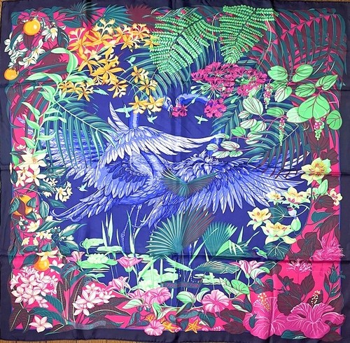 HERMÈS Hermes Scarf Stole Flamingo Party Navy Animal Floral Botanical Silk Auth 90 cm
