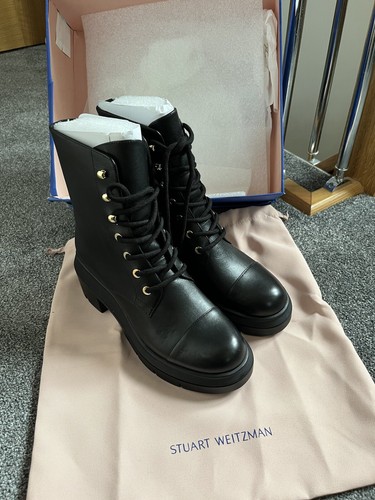 Rari stivali STUART WEITZMAN donna Nisha neri in pelle con lacci plateau EU37 UK
