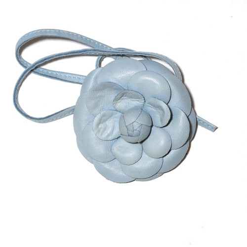 Vintage Chanel Camellia Flower Choker   Bracelet. Light Blue Leather . France.