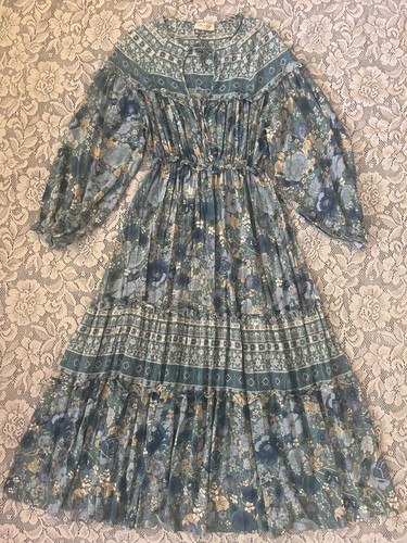 VETEMENTS Maxi abito Saints & Hearts manica a sbuffo cravatta a strati davanti blu verde floreale taglia L