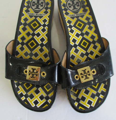 Tory Burch Dixon Patent Leather Wood Slides Women's Sandals Navy Blue Color 7M!!