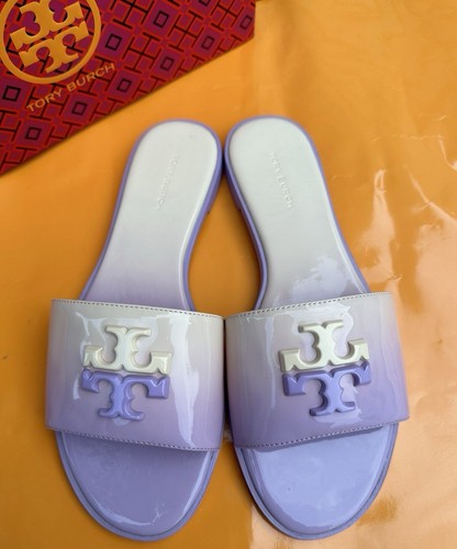 Ombré lavanda nuovo con scatola Tory Burch Everly Slide piatto morbida pelle verniciata con logo taglia 7