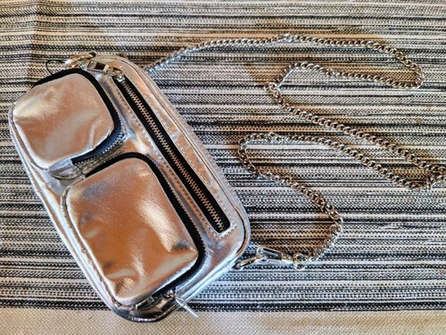 ZARA NWOT 77302 SILVER METALLIC Rectangle Outter Pockets Crossbody BAG RARE