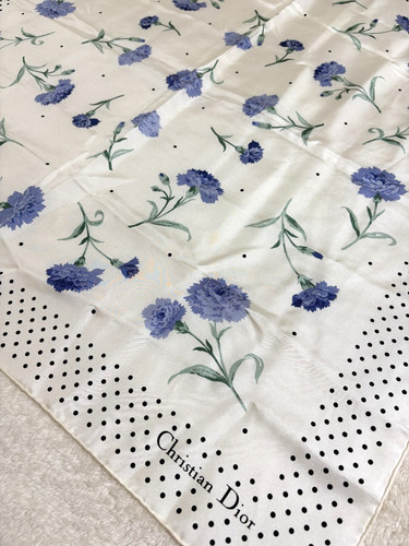 Christian Dior Silk Scarf 29.9" Floral Polka Dot Square Ivory & Lavender