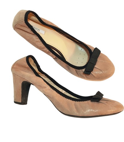GEOX RESPIRA Heels Nude Pink Leather Sparkle Bow Detail Court 6.5