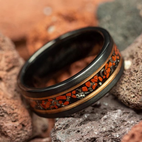 Red Dinosaur Bone & Meteorite Black Tungsten Mens Wedding Ring 8mm Comfort Fit