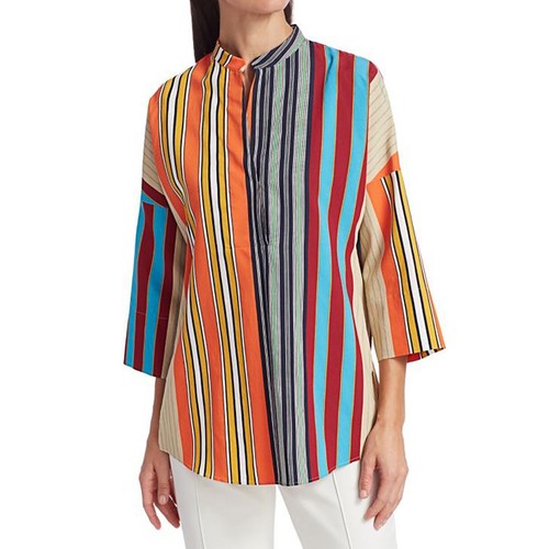 NWT Akris Punto Parasol Stripe Print Top Blo Colorful Rainbow Orange Blue 4