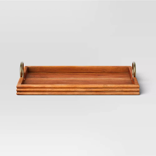 Acacia Wood Tray with Gold Ring Handles