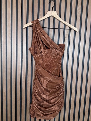 HOUSE OF CB Ho of CB Dress XS Brown Ruched Cremintine Cut Out Swirl Art One Shoulder
