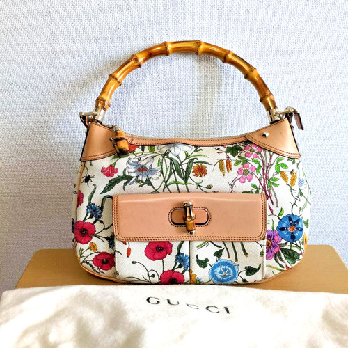 GUCCI Bamboo Top Handle Bag Flora Print Canvas White Beige Leather 137383