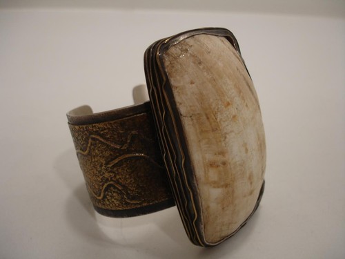 Pamela Adger Santa Fe Artist Sterling Silver Brass Bracelet Cuff Naga Shell HUGE
