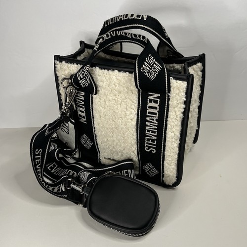 Steve Madden Sherpa Satchel Crossbody Bag   Cream Black Logo Strap + Coin Pouch