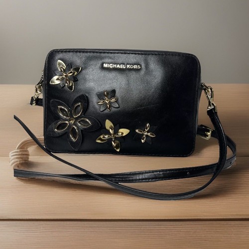 Borsa a tracolla media Michael Kors fiori in pelle nera borsa a mano per fotocamera