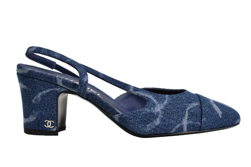 Chanel 23B Coco Sling denim blu scuro bianco logo CC tacco a blocco 37