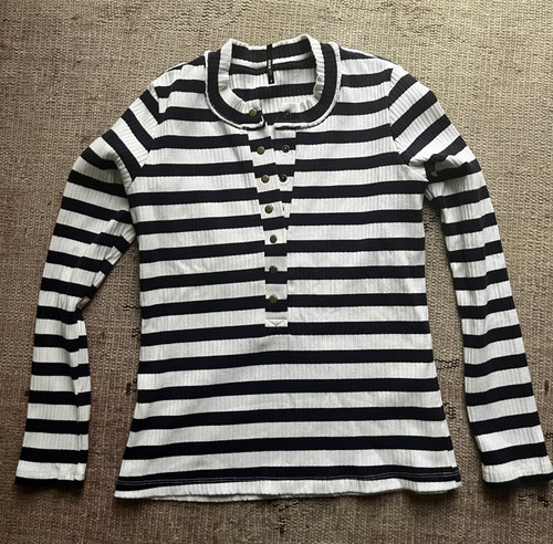 Askk NY Sailor Stripe Snap Henley Top Stretchy Nautical Spring Style 3 USA Made