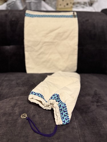 Tory Burch (2) Drawstring Pouch Cream Dust bag 11.5x15in W  Goldt Charm