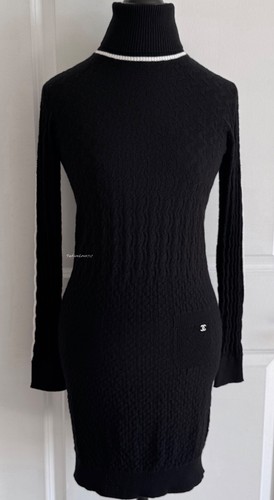NUOVO MINI ABITO CHANEL 23A NERO CASHMERE COLLO ALTO CC LOGO 36